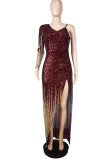 Green Sexy Solid Sequins Patchwork Asymmetrical Collar Evening Dress Dresses