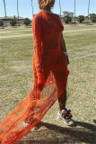 Orange Fashion Sexy Solid Hollowed Out See-through Backless Slit Oblique Collar Long Dress