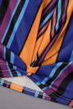 Tibetan Blue Casual Striped Print Patchwork Off the Shoulder Long Sleeve Two Pieces