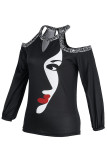 Black Casual Print Hollowed Out Patchwork O Neck Tops