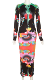Black Fashion Print Patchwork Mesh O Neck Pencil Skirt Dresses