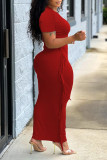 Red Casual Solid Tassel Patchwork O Neck One Step Skirt Dresses