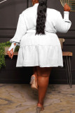 White Casual Solid Patchwork Buckle Mandarin Collar A Line Plus Size Dresses