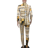 Multi-color Elastic Fly Mid Print pencil Pants Two-piece suit