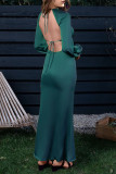 Turquoise Casual Solid Hollowed Out Patchwork O Neck Straight Dresses