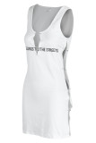 White Fashion Sexy Letter Print Ripped V Neck Vest Dress