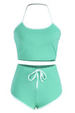 Blue Fashion Casual Solid Patchwork Backless Halter Sleeveless Two Pieces