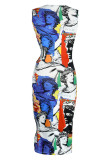 Blue Sexy Print Hollowed Out Patchwork O Neck Pencil Skirt Dresses