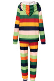 Colour Casual Striped Print Patchwork Hooded Collar Long Sleeve Two Pieces