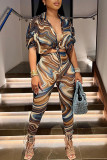 Brown Sexy Print Bandage Patchwork V Neck Short Sleeve Two Pieces