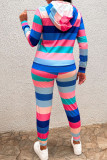 Colour Casual Striped Print Patchwork Hooded Collar Long Sleeve Two Pieces