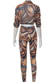 Brown Sexy Print Bandage Patchwork V Neck Short Sleeve Two Pieces
