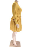 Yellow Casual Solid Patchwork Buckle Mandarin Collar A Line Plus Size Dresses