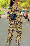 Yellow Casual Print Patchwork Buckle Turndown Collar Long Sleeve Two Pieces
