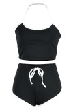 Blue Fashion Casual Solid Patchwork Backless Halter Sleeveless Two Pieces
