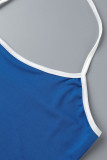 Blue Fashion Casual Solid Patchwork Backless Halter Sleeveless Two Pieces