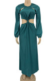 Turquoise Casual Solid Hollowed Out Patchwork O Neck Straight Dresses