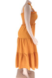 Yellow Casual Sweet Solid Bandage Patchwork Fold Spaghetti Strap Sling Dress Plus Size Dresses