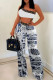 White Sexy Print Patchwork Oblique Collar Two Pieces