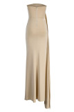Olive Green Fashion Sexy Solid Patchwork Backless Slit Strapless Evening Dress