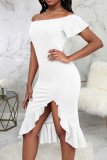 White Sexy Solid Patchwork Flounce Asymmetrical Off the Shoulder Straight Dresses
