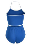 Blue Fashion Casual Solid Patchwork Backless Halter Sleeveless Two Pieces