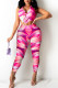 Rose Red Sexy Print Hollowed Out Patchwork Backless Halter Skinny Jumpsuits