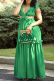 Watermelon Red Sexy Casual Solid Hollowed Out Patchwork V Neck Long Dress
