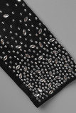 Black Fashion Sexy Patchwork Hot Drilling Hollowed Out Backless V Neck Long Sleeve Dresses