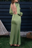 Turquoise Casual Solid Hollowed Out Patchwork O Neck Straight Dresses