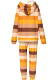 Colour Casual Striped Print Patchwork Hooded Collar Long Sleeve Two Pieces