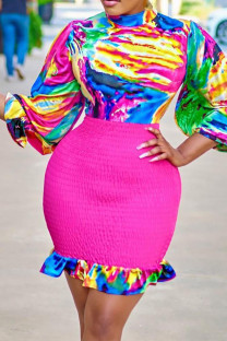 Colour Fashion Casual Print Patchwork Flounce Half A Turtleneck Pencil Skirt Dresses