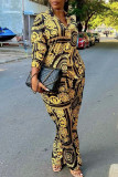 Yellow Casual Print Patchwork Buckle Turndown Collar Long Sleeve Two Pieces
