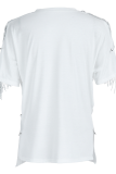 White Casual Print Tassel V Neck T-Shirts