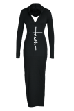 Blue Fashion Print High Opening Hooded Collar Pencil Skirt Dresses