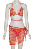 Blue Sexy Print Hollowed Out Patchwork Swimwears