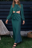 Turquoise Casual Solid Hollowed Out Patchwork O Neck Straight Dresses