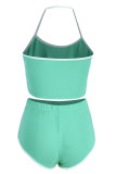 Blue Fashion Casual Solid Patchwork Backless Halter Sleeveless Two Pieces