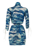 Blue Sexy Print Bandage Patchwork Asymmetrical Half A Turtleneck Long Sleeve Two Pieces