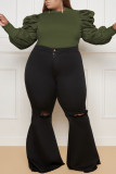 Army Green Casual Solid Patchwork Half A Turtleneck Plus Size Tops