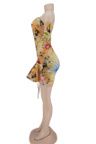 Yellow Sexy Print Fold Off the Shoulder Pencil Skirt Dresses