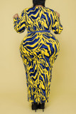 Yellow And Blue Sexy Print Patchwork O Neck One Step Skirt Plus Size Dresses(Contain The Belt)