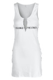 White Fashion Sexy Letter Print Ripped V Neck Vest Dress