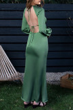 Turquoise Casual Solid Hollowed Out Patchwork O Neck Straight Dresses