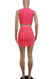 Rose Red Sexy Solid Patchwork See-through O Neck Sleeveless Two Pieces