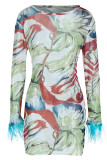 Pink Fashion Sexy Print Tassel Patchwork O Neck Long Sleeve Dresses