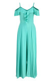 Blue Sexy Casual Solid Patchwork Backless V Neck Regular Jumpsuits