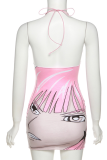 Pink Sexy Print Patchwork Halter Pencil Skirt Dresses