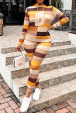 Colour Casual Striped Print Patchwork Hooded Collar Long Sleeve Two Pieces