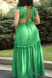 Watermelon Red Sexy Casual Solid Hollowed Out Patchwork V Neck Long Dress